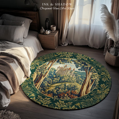 Fairytale Aesthetic Castle Round Rug | Fairycore Large Area Rug Folklore Inspired Magical Woodland Bedroom Decor Whimsigothic Mat Ethereal |