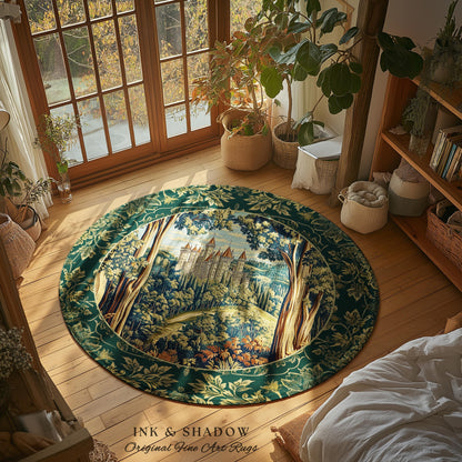 Fairytale Aesthetic Castle Round Rug | Fairycore Large Area Rug Folklore Inspired Magical Woodland Bedroom Decor Whimsigothic Mat Ethereal |