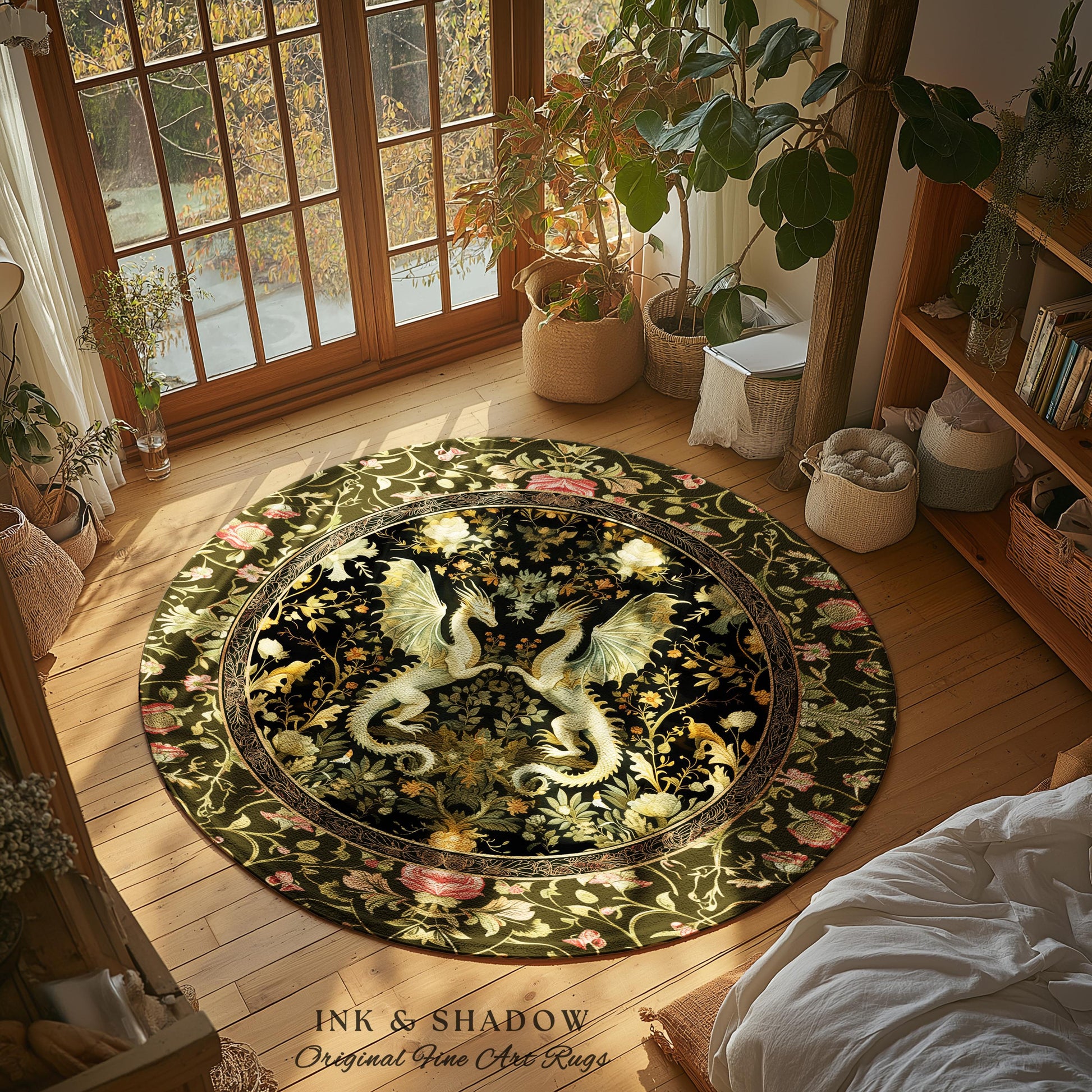 Ornate Antique Gold Folklore Aesthetic Baroque Dragon Round Area Rug | Enchanting Art Deco Goth Decor Maximalist Fantasy Mystic Home Accent