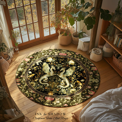Ornate Antique Gold Folklore Aesthetic Baroque Dragon Round Area Rug | Enchanting Art Deco Goth Decor Maximalist Fantasy Mystic Home Accent