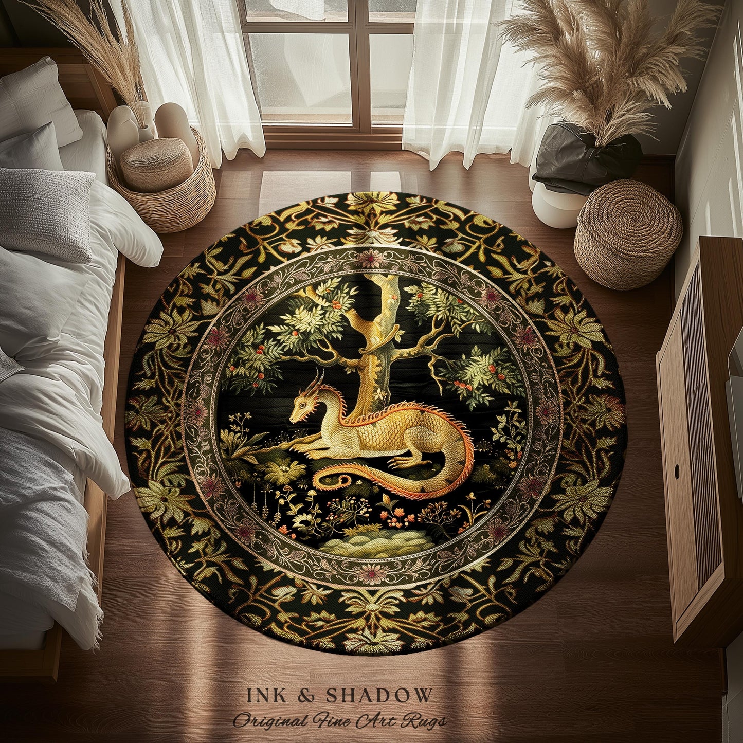 Bohemian Dragon Round Area Rug Artistic Escape Academia Baroque Inspired | Ethereal Gothic Enchanting Mystical Art Nouveau Antique Decor |
