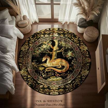 Bohemian Dragon Round Area Rug Artistic Escape Academia Baroque Inspired | Ethereal Gothic Enchanting Mystical Art Nouveau Antique Decor |