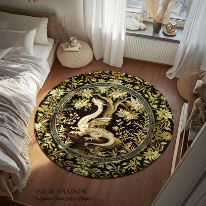 Woodland Gothic White Dragon Round Area Rug Enchanted Forest Decor | Mystical Dark Academia Whimsical Fantasy Forestcore Dark Nature Decor