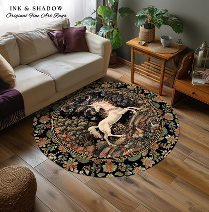 Enchanted Unicorn Round Accent Rug | Fairytale Aesthetic Nursery Decor Morris Cottagecore Fairycore Nursery Area Rug Mystical Storybook Art