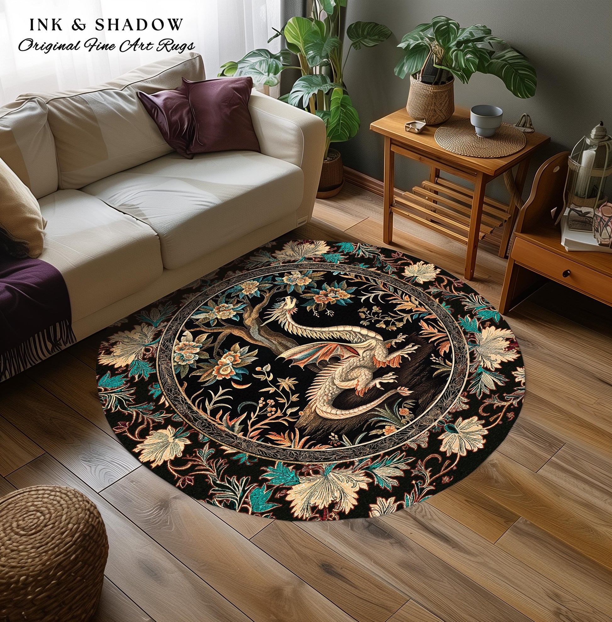 Dark Nature Enchanting Dragon Art Exotic Home Decor Mystical Fantasy Round Dragon Rug | Ethereal Woodland Magical Creature Goblincore Rugs