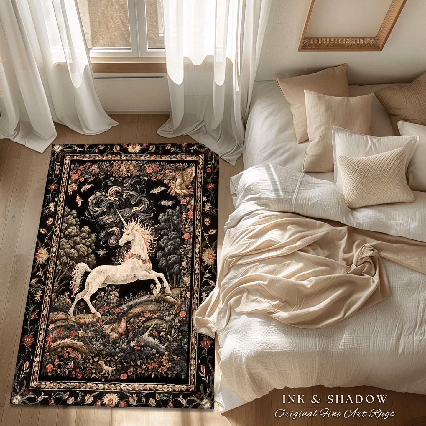 Enchanted Unicorn Accent Rug | Fairytale Aesthetic Nursery Decor Morris Style Cottagecore Fairycore Nursery Area Rug Mystical Storybook Art