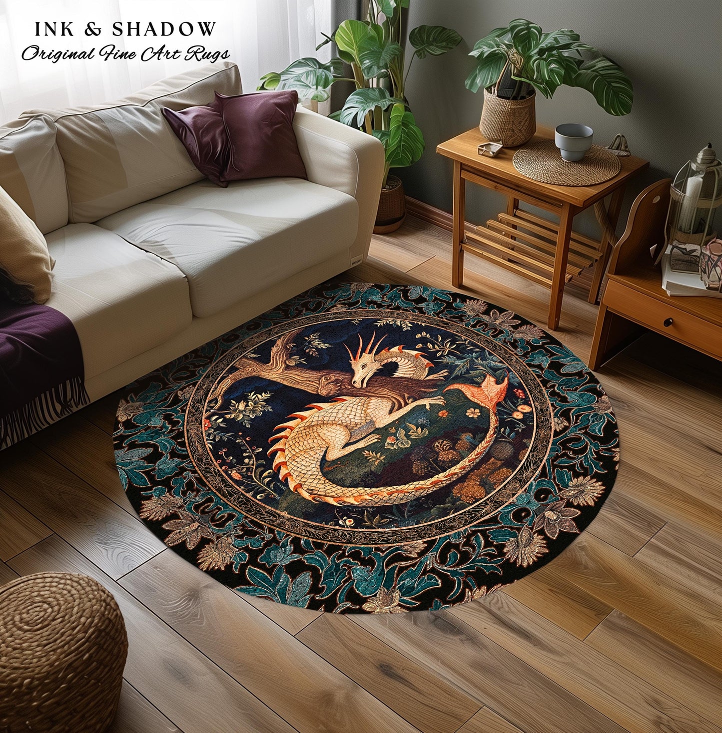 Baroque Victorian Gothic Woodland Dragon Round Rug Floral Folklore Aesthetic | Dark Botanical Goblincore Antique Cottagecore Mythical Decor