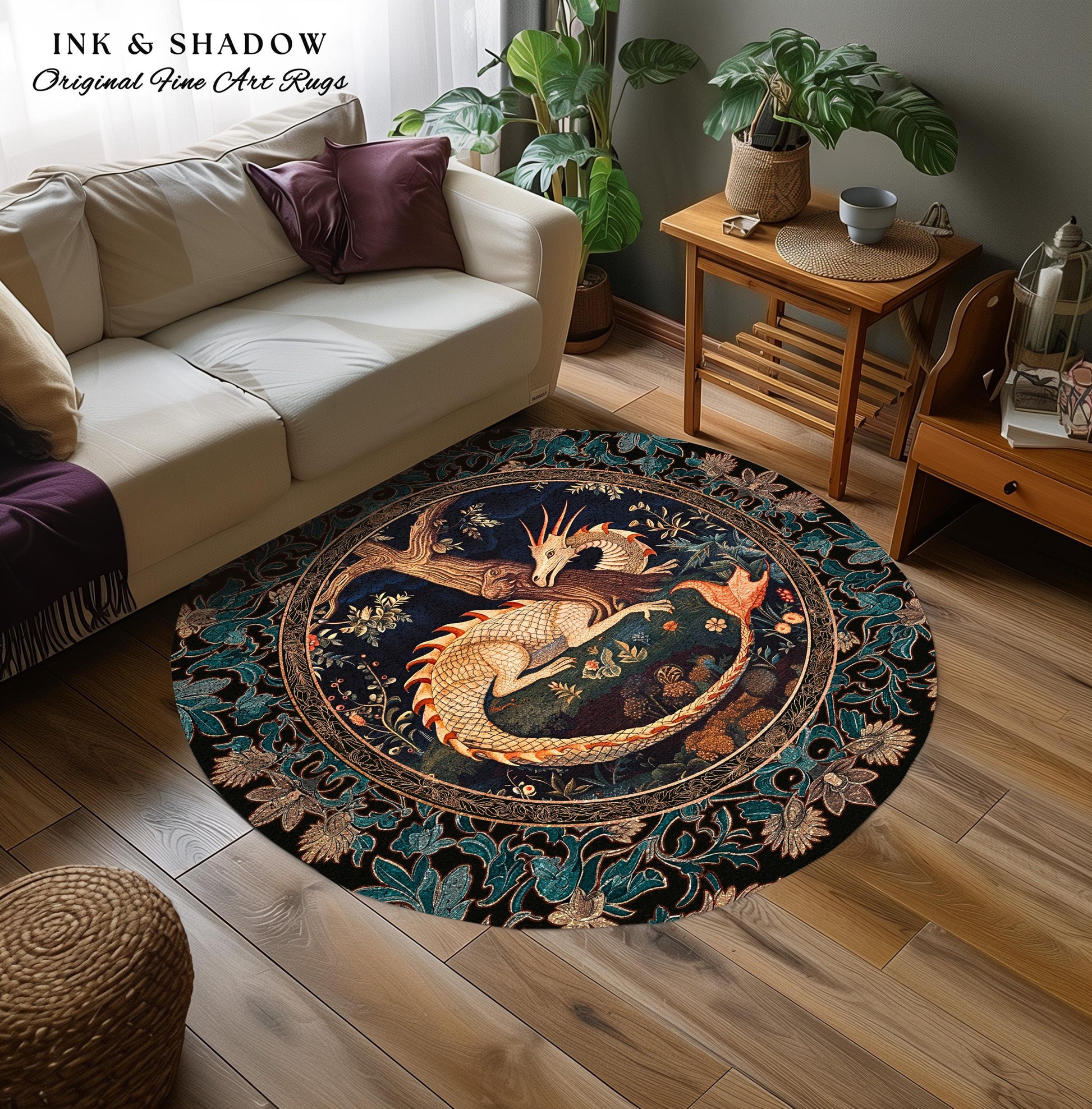 Baroque Victorian Gothic Woodland Dragon Round Rug Floral Folklore Aesthetic | Dark Botanical Goblincore Antique Cottagecore Mythical Decor