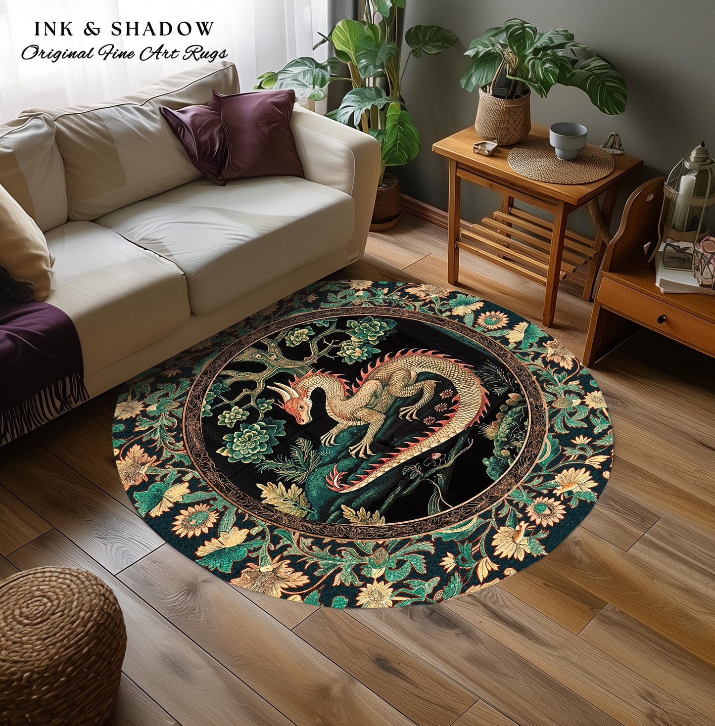 Woodland Dragon Round Area Rug Enchanted Forest Medieval Fantasy Charm Dark Forestcore Fairytale Cottagecore Renaissance Nature Home Accent