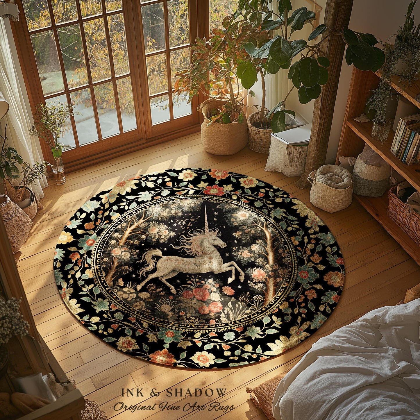 Mystical Folklore Unicorn Round Rug | Whimsical Decor Morris Inspired Cottagecore Aesthetic Pastel Floral Woodland Fairycore Large Area Rug