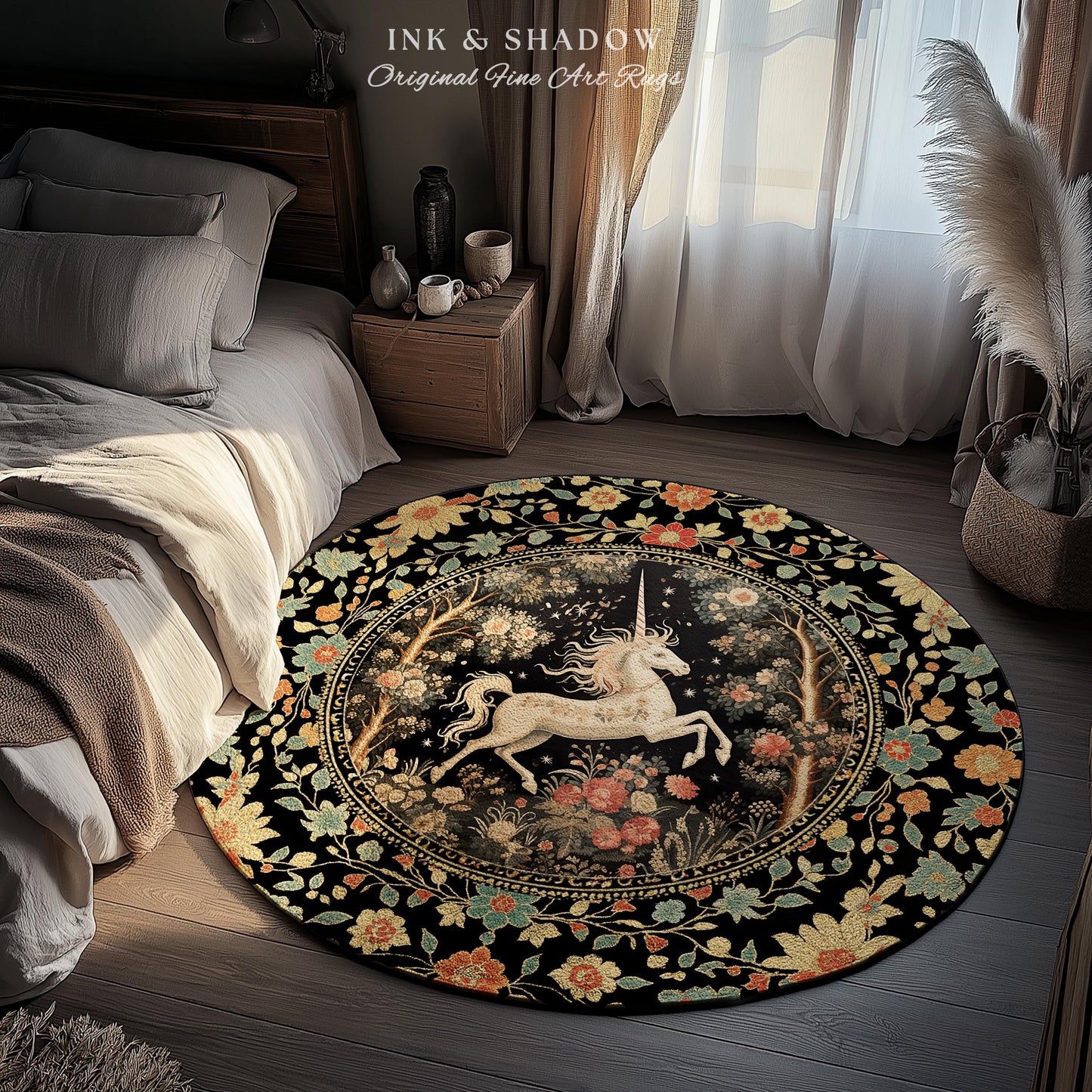 Mystical Folklore Unicorn Round Rug | Whimsical Decor Morris Inspired Cottagecore Aesthetic Pastel Floral Woodland Fairycore Large Area Rug
