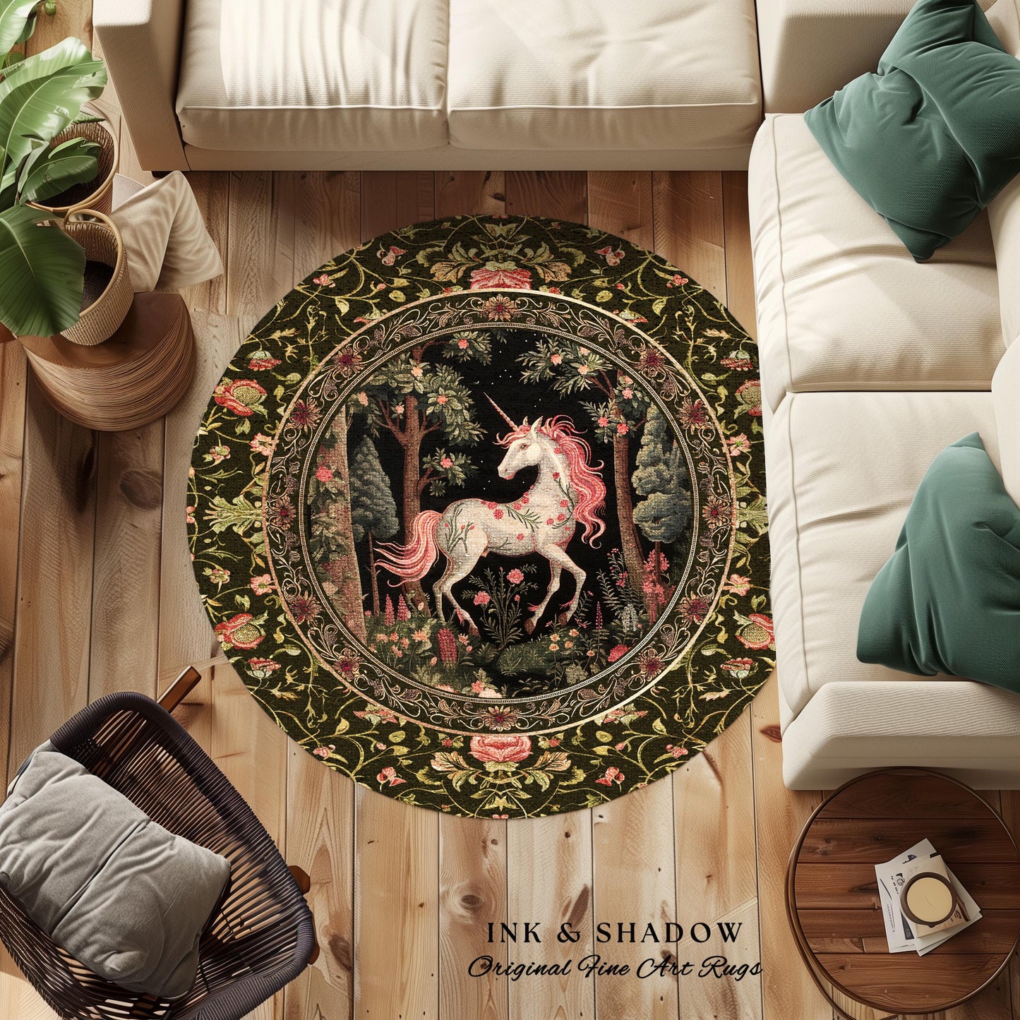 Enchanted Forest Unicorn Round Rug Mystical Woodland Runner | Romantic Baroque Art Fairycore Vintage Aesthetic Mythical Creatures Forestcore