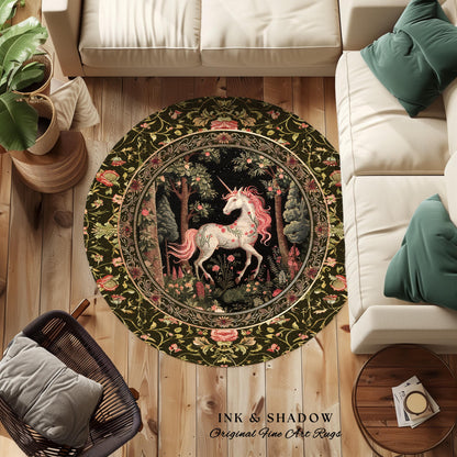 Enchanted Forest Unicorn Round Rug Mystical Woodland Runner | Romantic Baroque Art Fairycore Vintage Aesthetic Mythical Creatures Forestcore