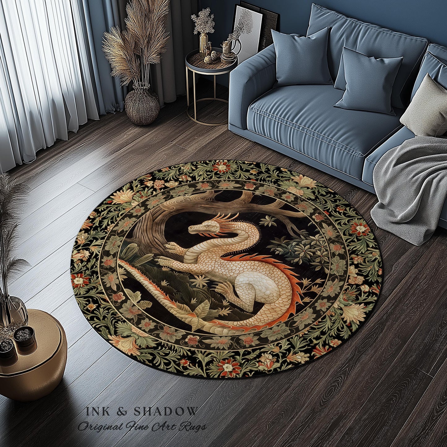 Dragon Lover Round Area Rug | Medieval Folklore Room Decor Fairytale Inspired DnD Gift Dark Cottagecore Fairycore Mystical Game Room Accent