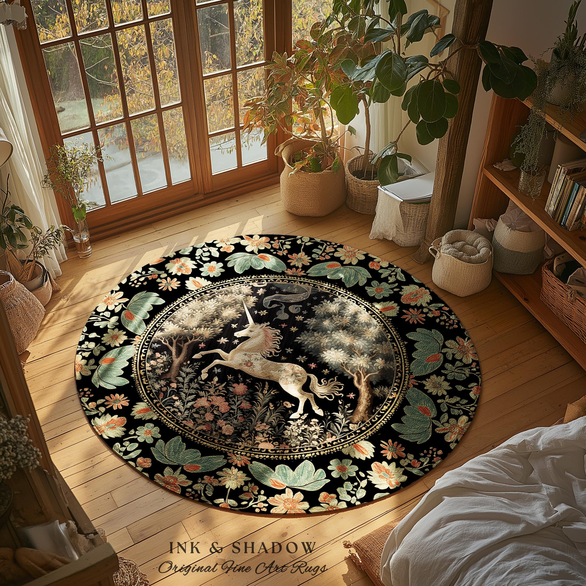 Ethereal Unicorn Whimsical Round Area Rug | Folklore Nursery Decor William Morris Inspired Cottagecore Aesthetic Woodland Pastel Magical |