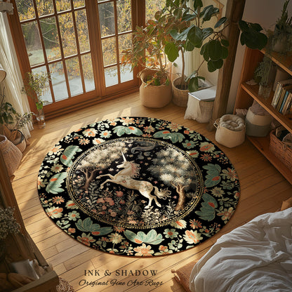 Ethereal Unicorn Whimsical Round Area Rug | Folklore Nursery Decor William Morris Inspired Cottagecore Aesthetic Woodland Pastel Magical |