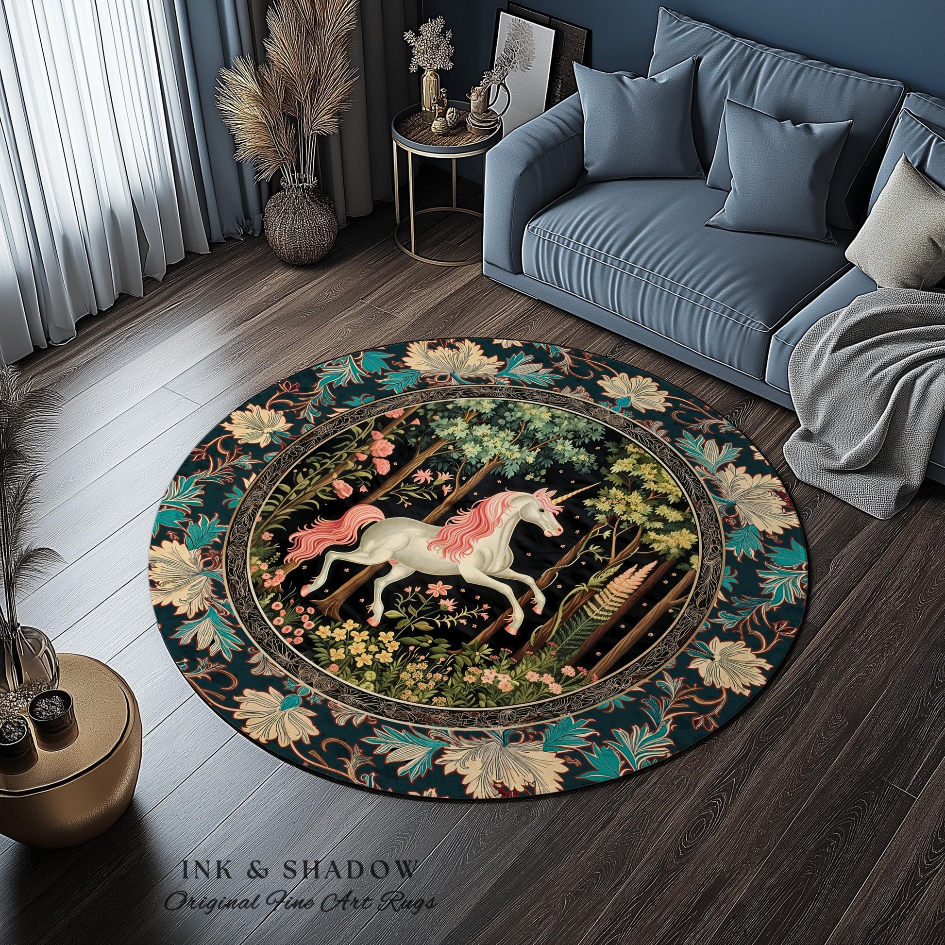 Mystical Woodland Round Unicorn Rug Whimsical Fairycore Romantic Baroque Aesthetic, Enchanted Nursery Forest Art Cute Cottagecore Round Rug
