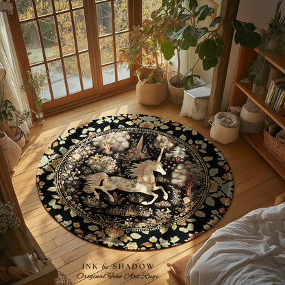 Fairy Grunge Unicorn Round Rug | Folklore Aesthetic Nursery Decor Morris Style Cottagecore Woodland Fairycore Mystical Ethereal Unicorn Boho