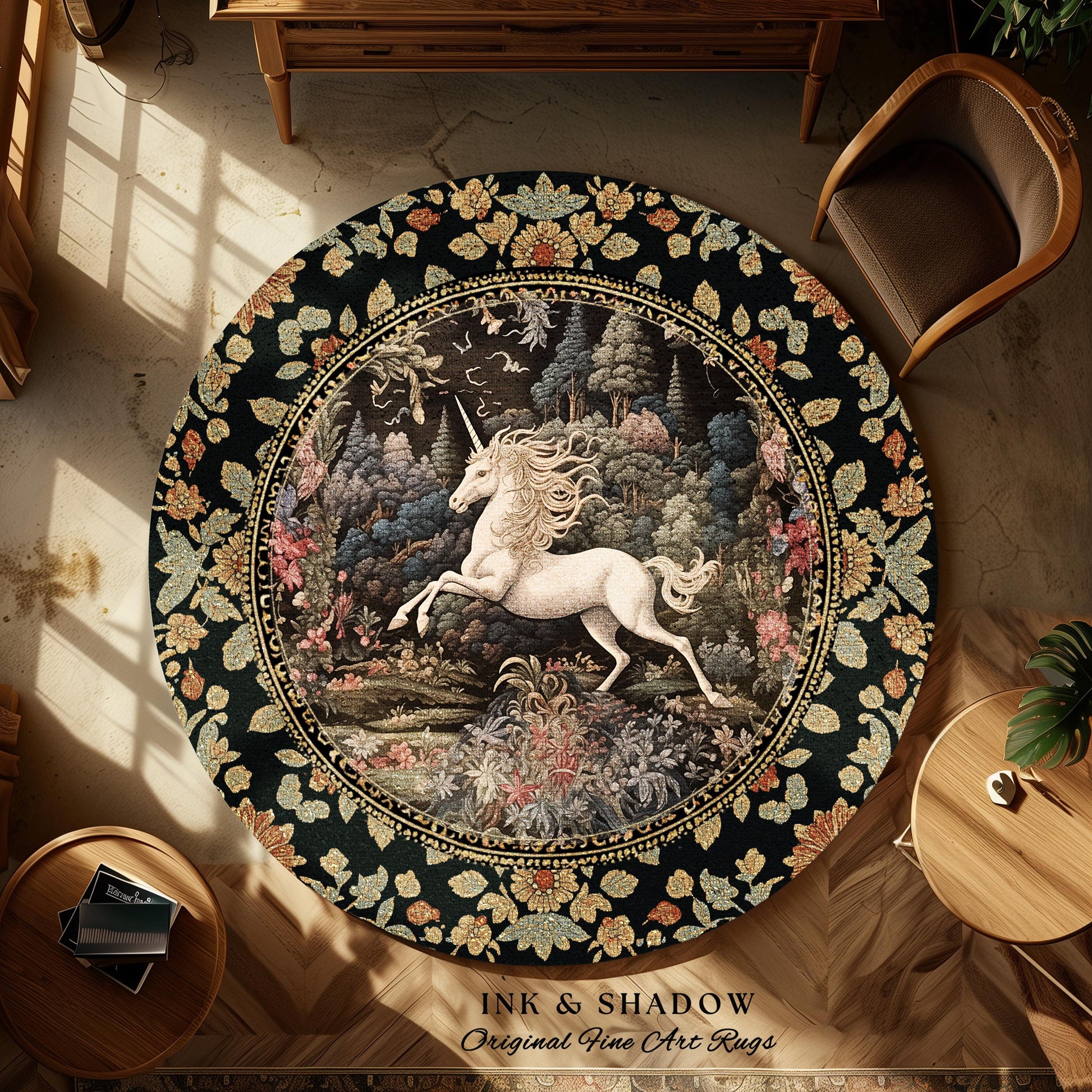 Pastel Botanical Unicorn Round Area Rug | Whimsical Folklore Nursery Decor Morris Style Cottagecore Fairycore Mystical Decor Princesscore |