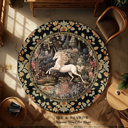 Pastel Botanical Unicorn Round Area Rug | Whimsical Folklore Nursery Decor Morris Style Cottagecore Fairycore Mystical Decor Princesscore |