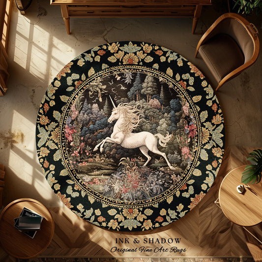 Pastel Botanical Unicorn Round Area Rug | Whimsical Folklore Nursery Decor Morris Style Cottagecore Fairycore Mystical Decor Princesscore |