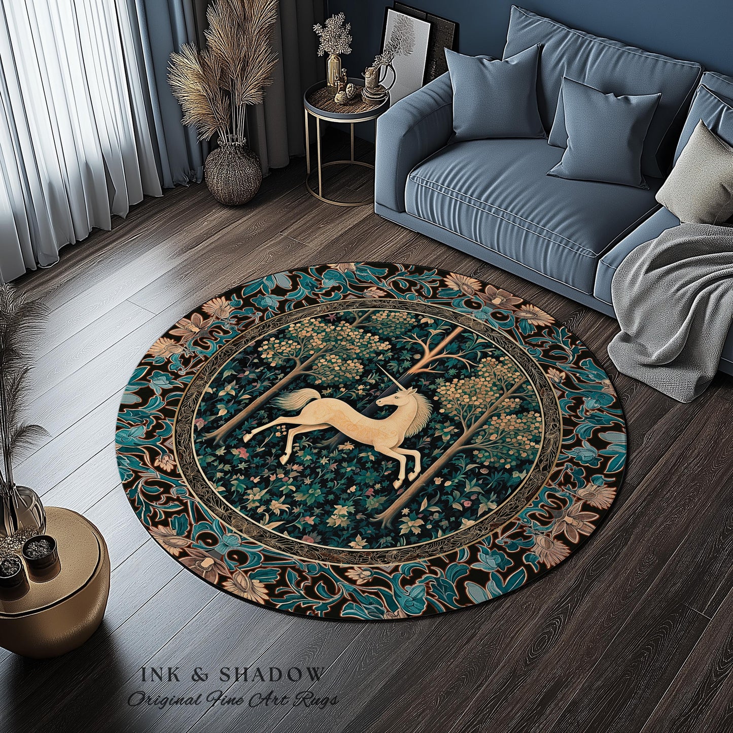 Moonlit Forest Mystical Unicorn Round Rug Medieval Fairycore Decor | Renaissance Whimsical Gothic Aesthetic Baroque Forestcore Home Accent