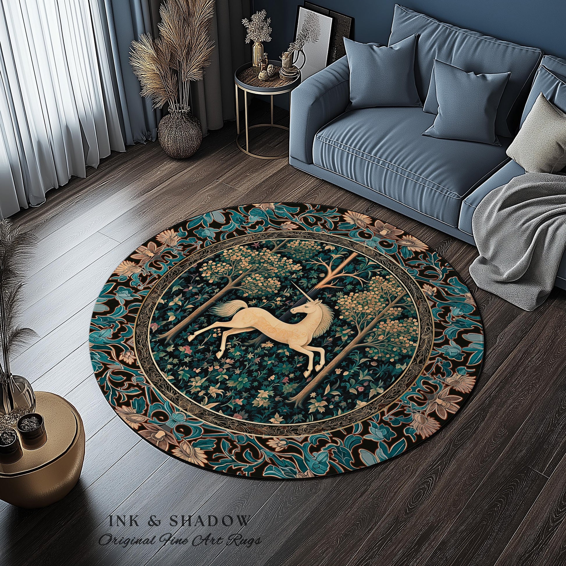 Moonlit Forest Mystical Unicorn Round Rug Medieval Fairycore Decor | Renaissance Whimsical Gothic Aesthetic Baroque Forestcore Home Accent