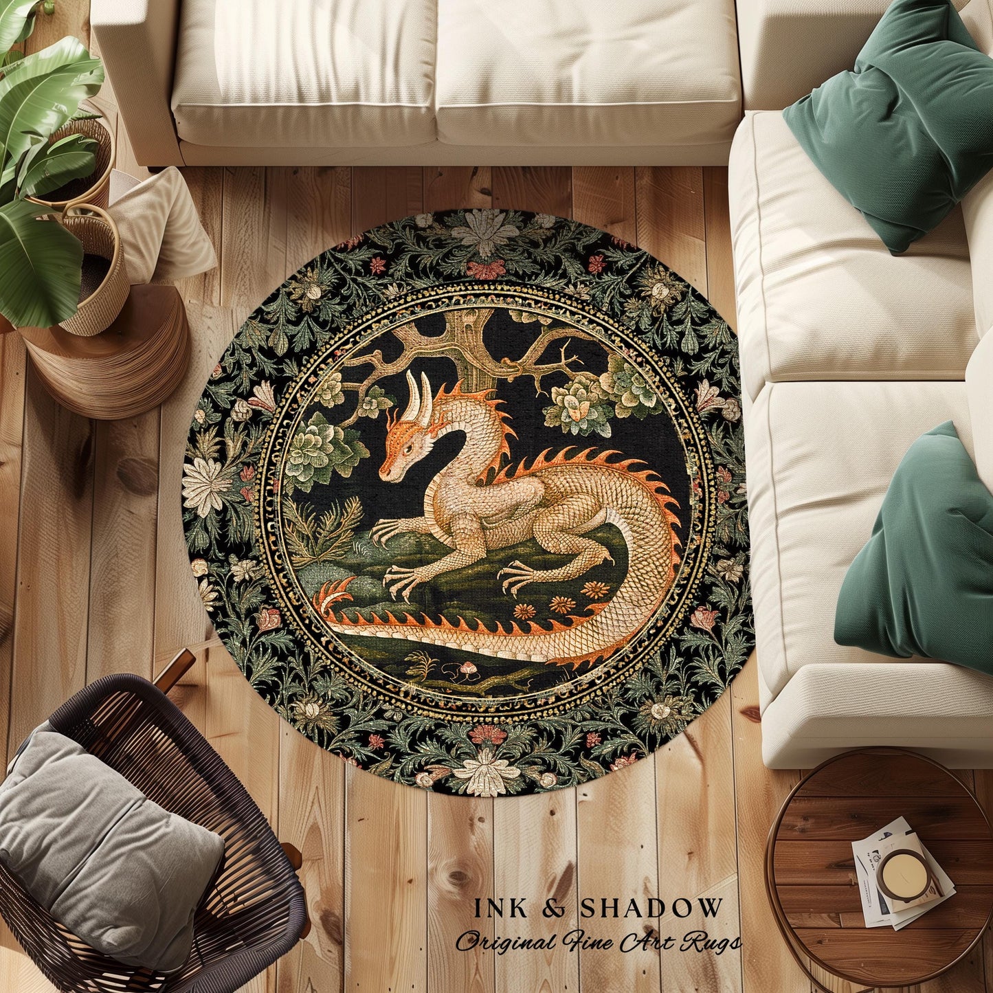 Enchanted Woods Round Dragon Rug | Medieval Aesthetic Fairytale Nursery Decor Morris Style Cottagecore Fairycore Bedroom Mystical Woodland