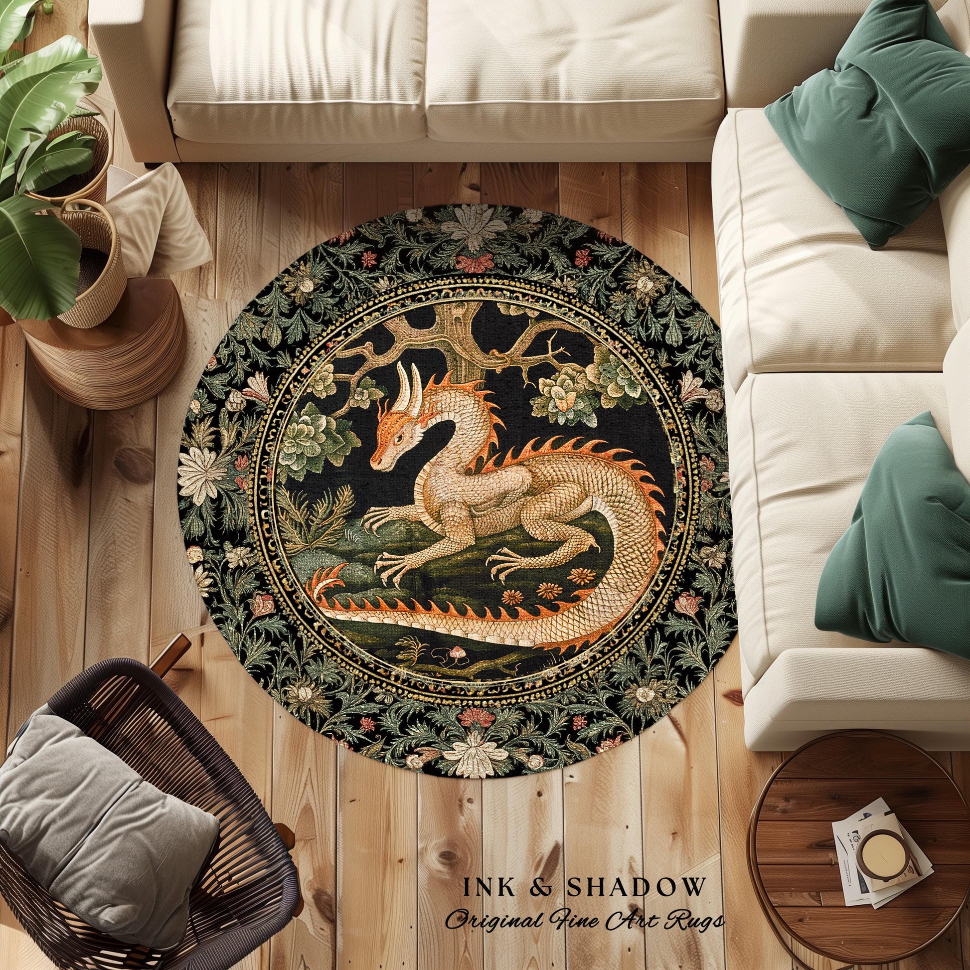 Enchanted Woods Round Dragon Rug | Medieval Aesthetic Fairytale Nursery Decor Morris Style Cottagecore Fairycore Bedroom Mystical Woodland