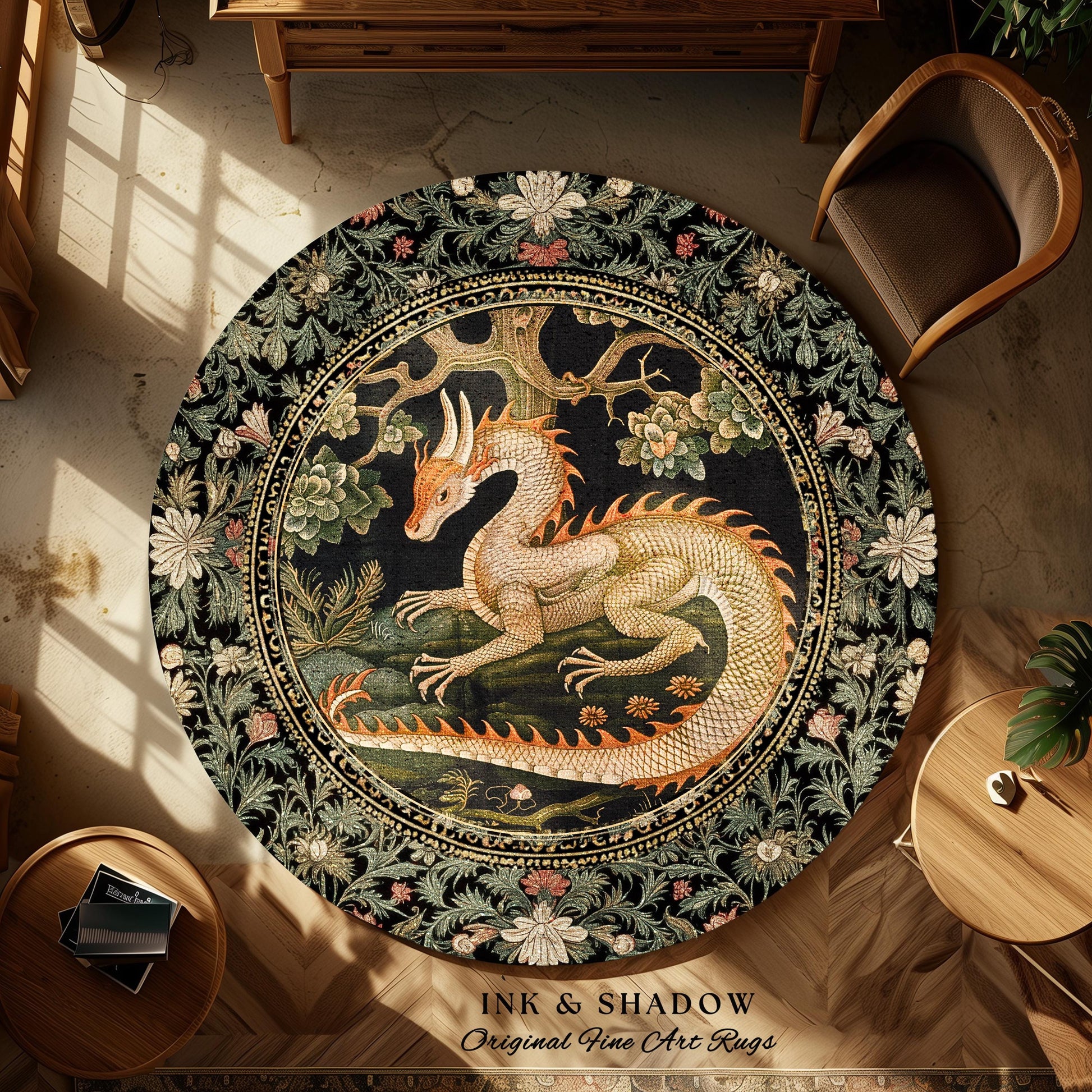 Enchanted Woods Round Dragon Rug | Medieval Aesthetic Fairytale Nursery Decor Morris Style Cottagecore Fairycore Bedroom Mystical Woodland