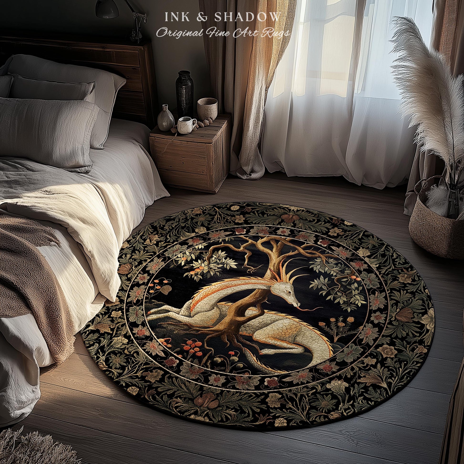 Forest Spirit Round Area Rug | Dark Cottagecore Gothic Book Nook Decor Fairy Core Bedroom Magical Dragon Aesthetic Maximalist Game Room Rug