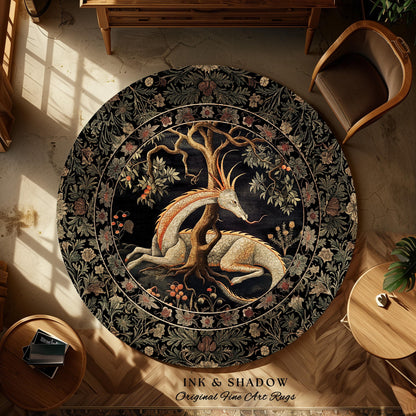 Forest Spirit Round Area Rug | Dark Cottagecore Gothic Book Nook Decor Fairy Core Bedroom Magical Dragon Aesthetic Maximalist Game Room Rug