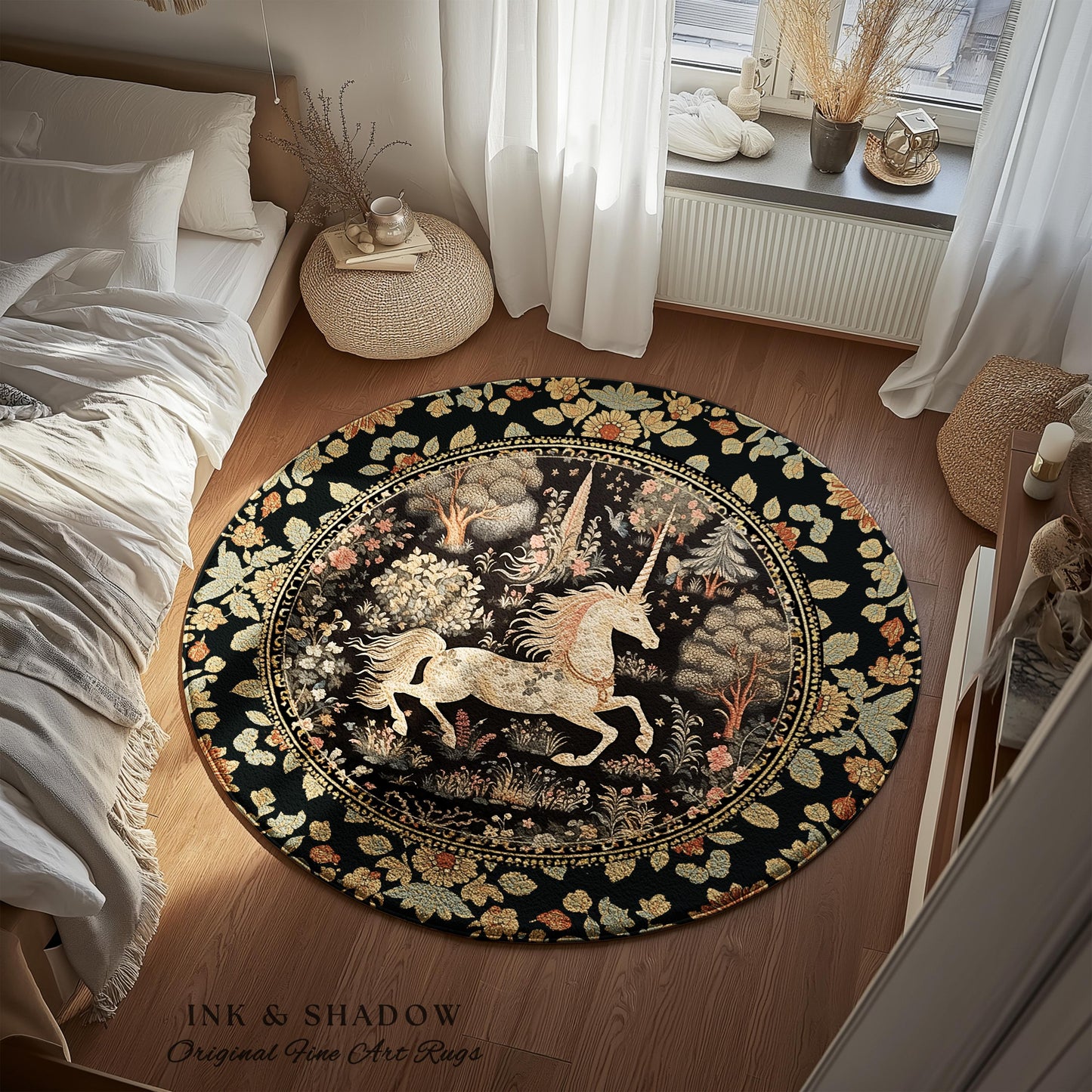 Fairy Grunge Unicorn Round Rug | Folklore Aesthetic Nursery Decor Morris Style Cottagecore Woodland Fairycore Mystical Ethereal Unicorn Boho