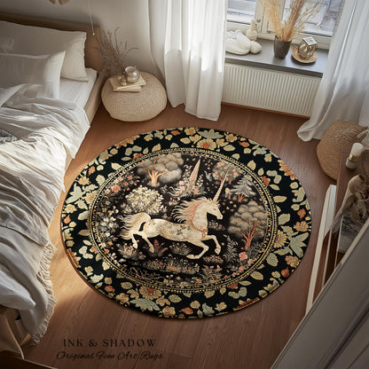 Fairy Grunge Unicorn Round Rug | Folklore Aesthetic Nursery Decor Morris Style Cottagecore Woodland Fairycore Mystical Ethereal Unicorn Boho