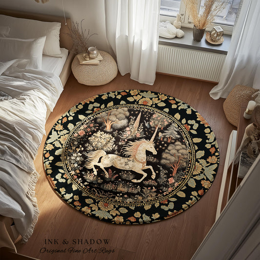 Fairy Grunge Unicorn Round Rug | Folklore Aesthetic Nursery Decor Morris Style Cottagecore Woodland Fairycore Mystical Ethereal Unicorn Boho