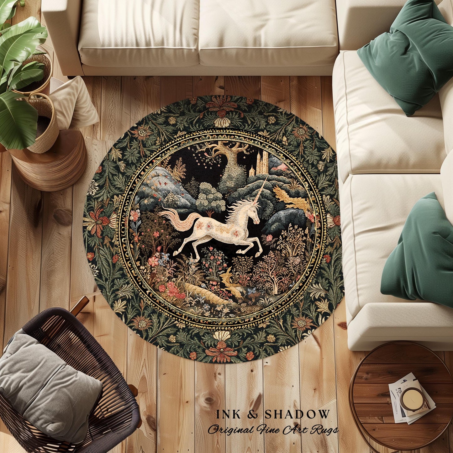 Fairytale Unicorn Floor Rug Round | Whimsical Fairy Folklore Aesthetic Room Decor Morris Inspired Cottagecore Fairycore Mystical Bedroom Rug