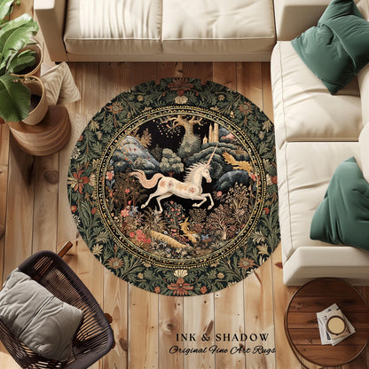 Fairytale Unicorn Floor Rug Round | Whimsical Fairy Folklore Aesthetic Room Decor Morris Inspired Cottagecore Fairycore Mystical Bedroom Rug