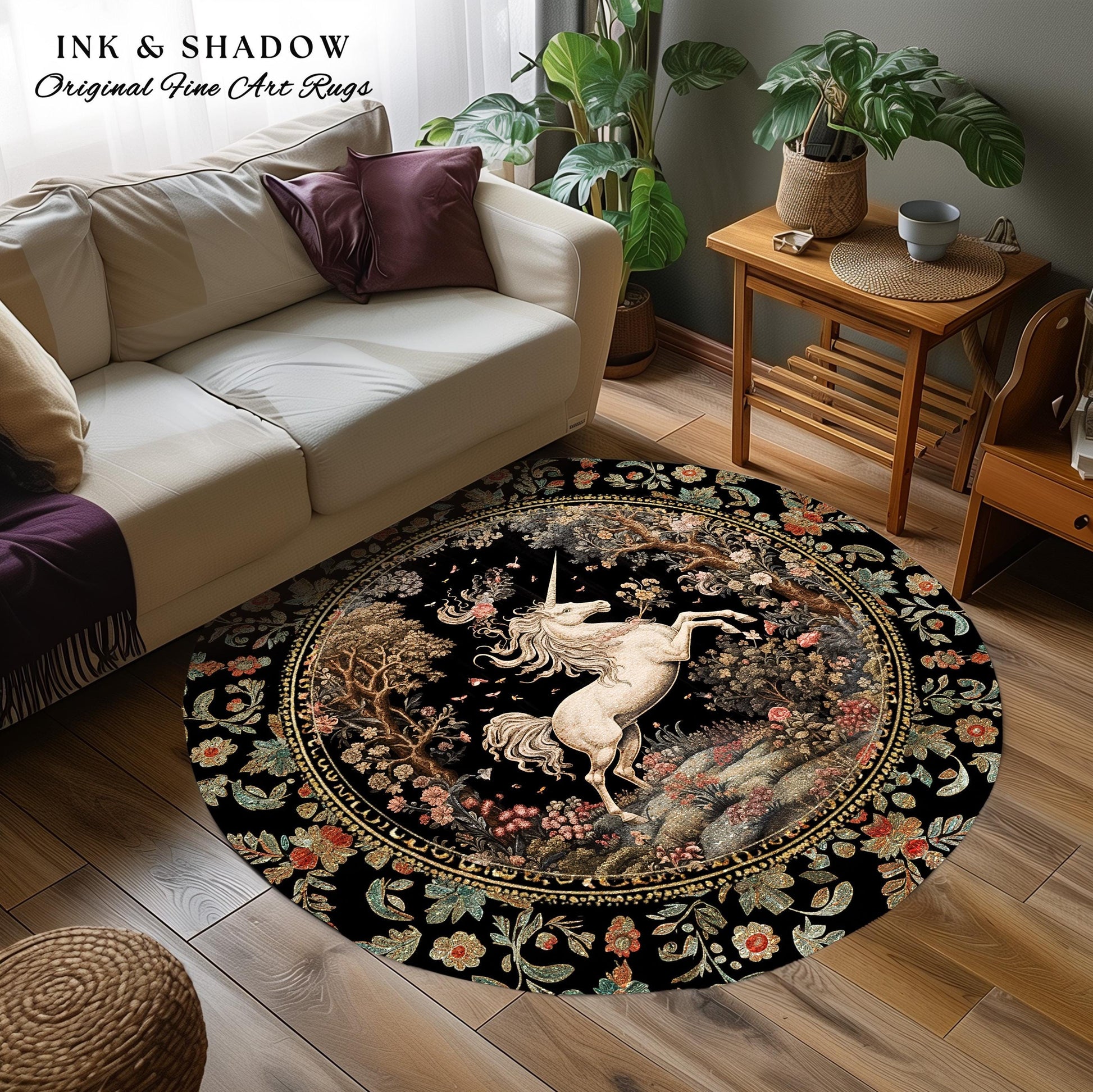 Unicorn Mystical Medieval Art Round Rug Folklore Whimsigothic Decor, Dark Cottagecore Mystic Grunge Fairycore Whimsical Witchy Home Accent |
