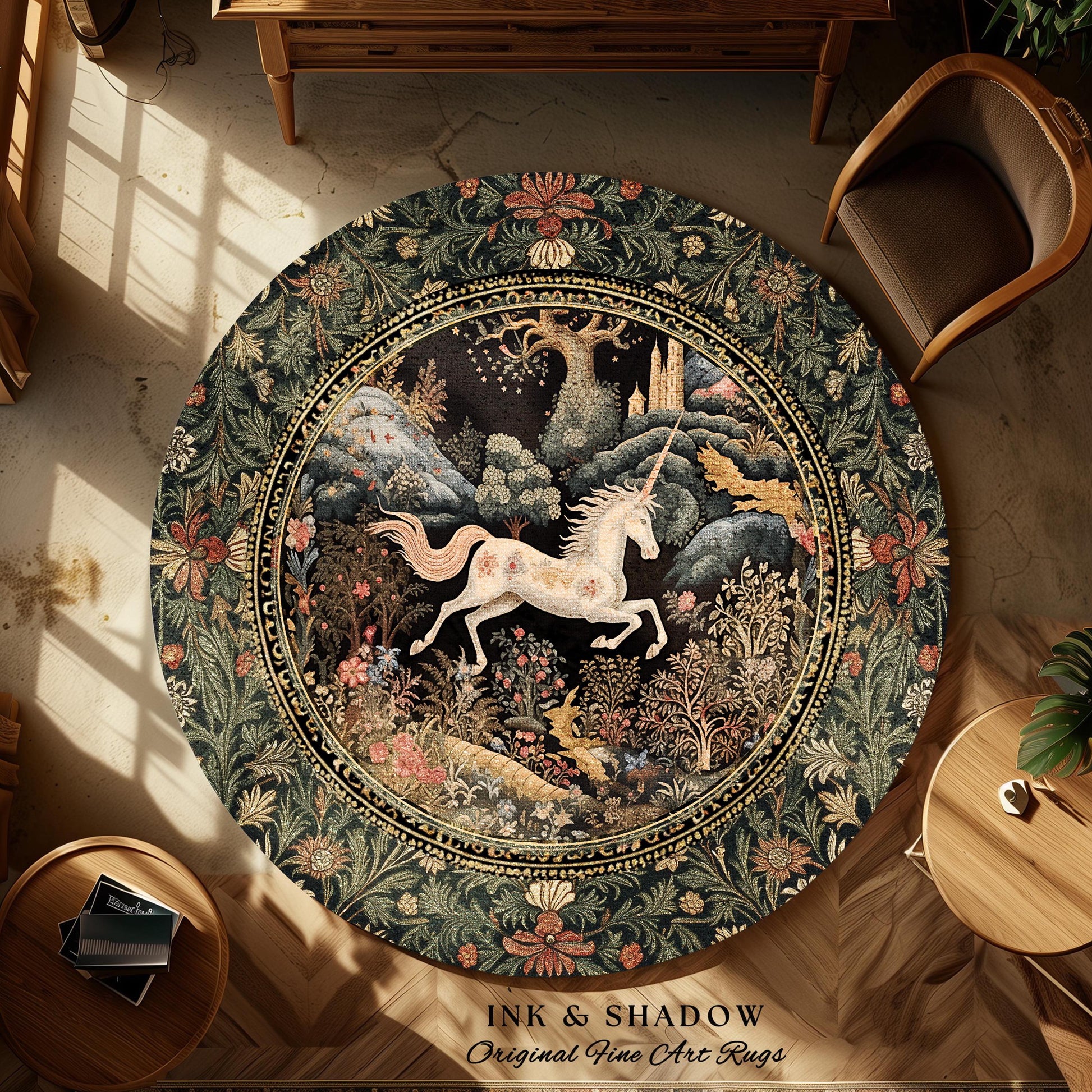 Fairytale Unicorn Floor Rug Round | Whimsical Fairy Folklore Aesthetic Room Decor Morris Inspired Cottagecore Fairycore Mystical Bedroom Rug