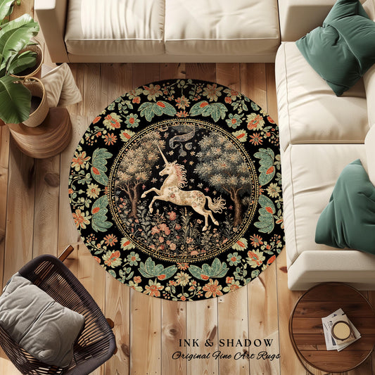 Ethereal Unicorn Whimsical Round Area Rug | Folklore Nursery Decor William Morris Inspired Cottagecore Aesthetic Woodland Pastel Magical |