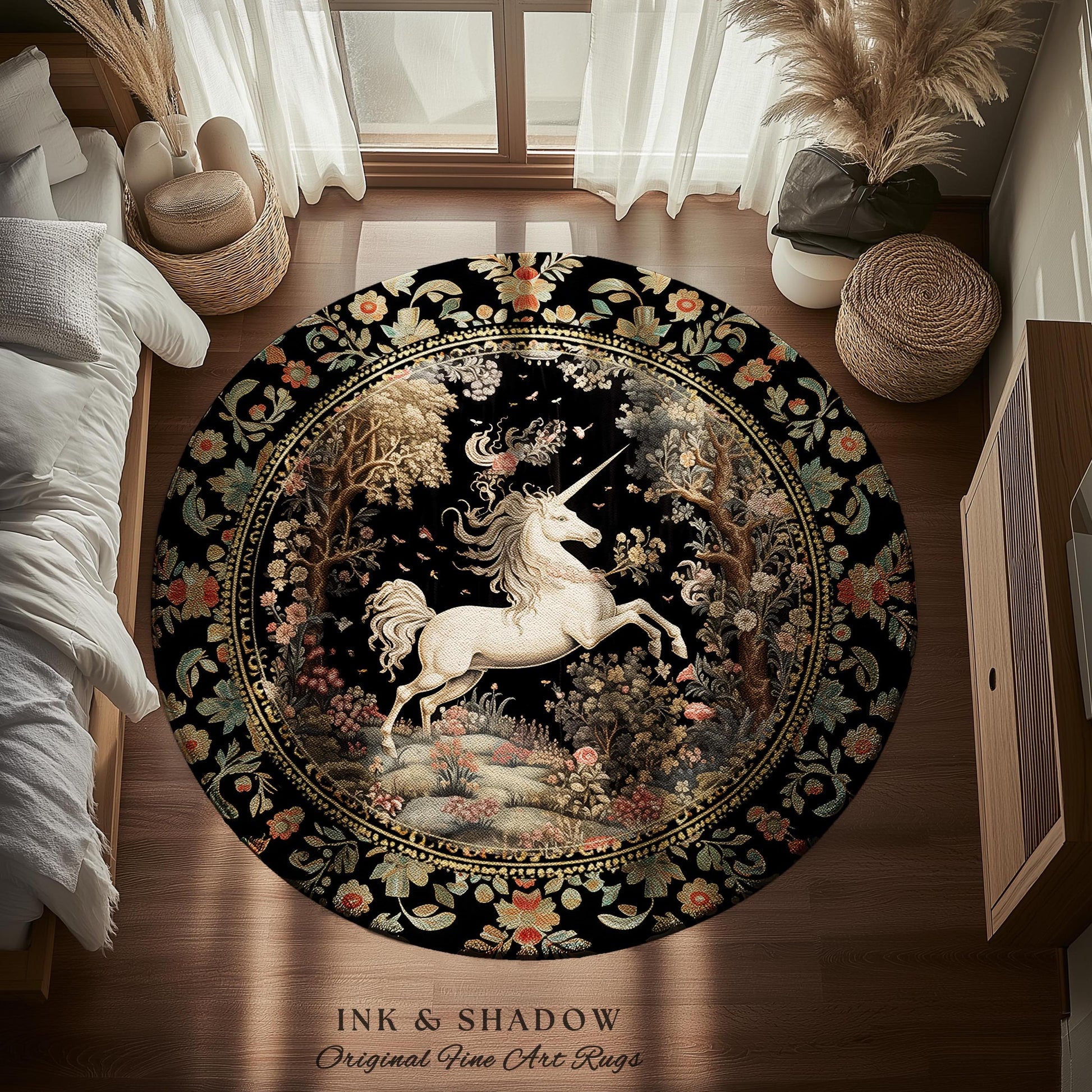 Unicorn Mystical Medieval Art Round Rug Folklore Whimsigothic Decor, Dark Cottagecore Mystic Grunge Fairycore Whimsical Witchy Home Accent |
