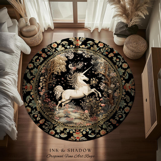 Unicorn Mystical Medieval Art Round Rug Folklore Whimsigothic Decor, Dark Cottagecore Mystic Grunge Fairycore Whimsical Witchy Home Accent |