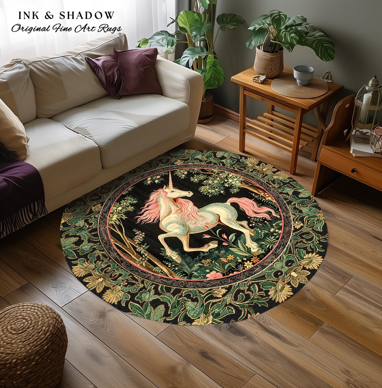 Whimsical Enchanted Unicorn Round Rug Victorian Gothic Dark Cottagecore Decor, Renaissance Folklore Accent Baroque Fairytale Aesthetic Home