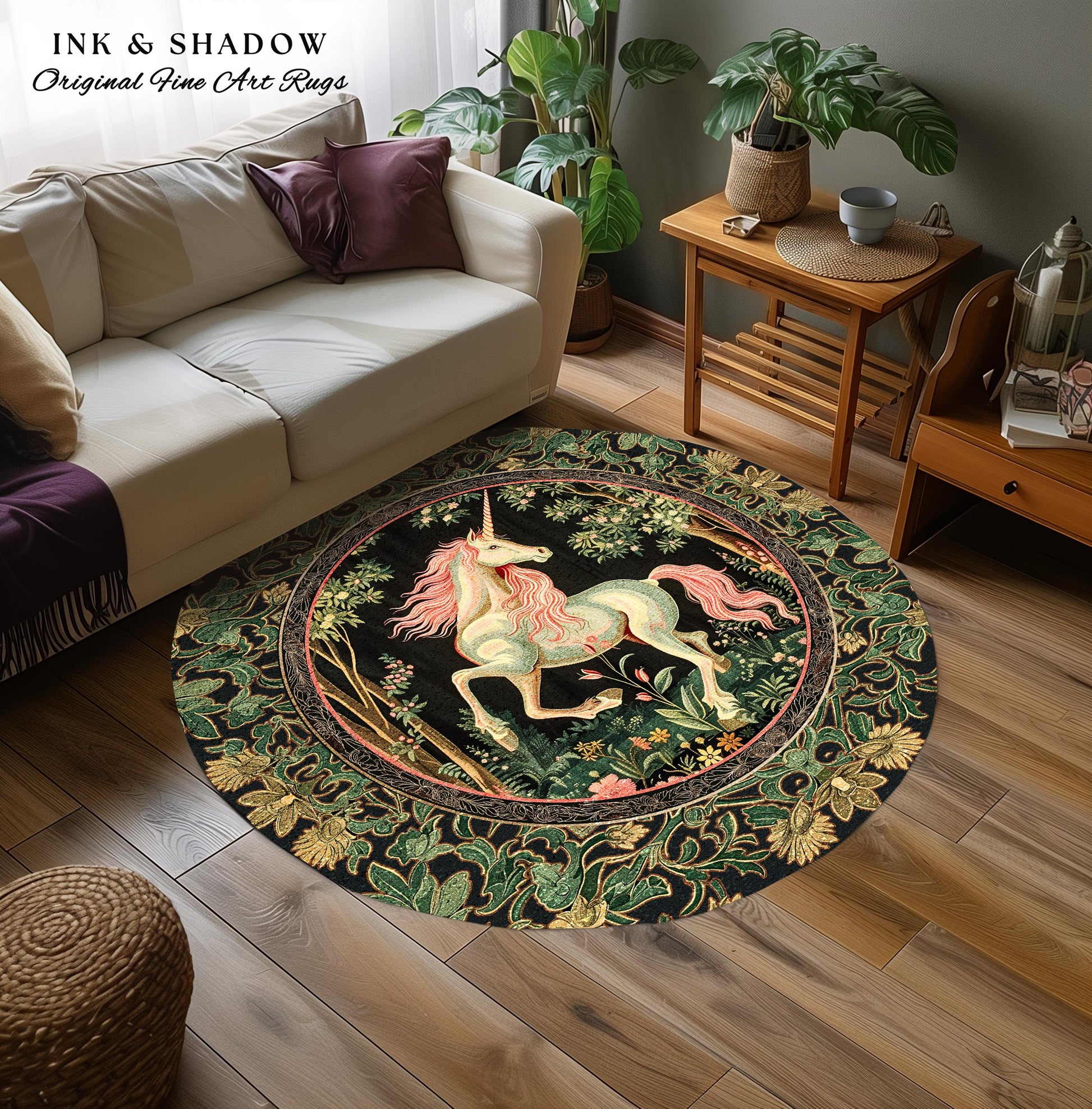 Whimsical Enchanted Unicorn Round Rug Victorian Gothic Dark Cottagecore Decor, Renaissance Folklore Accent Baroque Fairytale Aesthetic Home