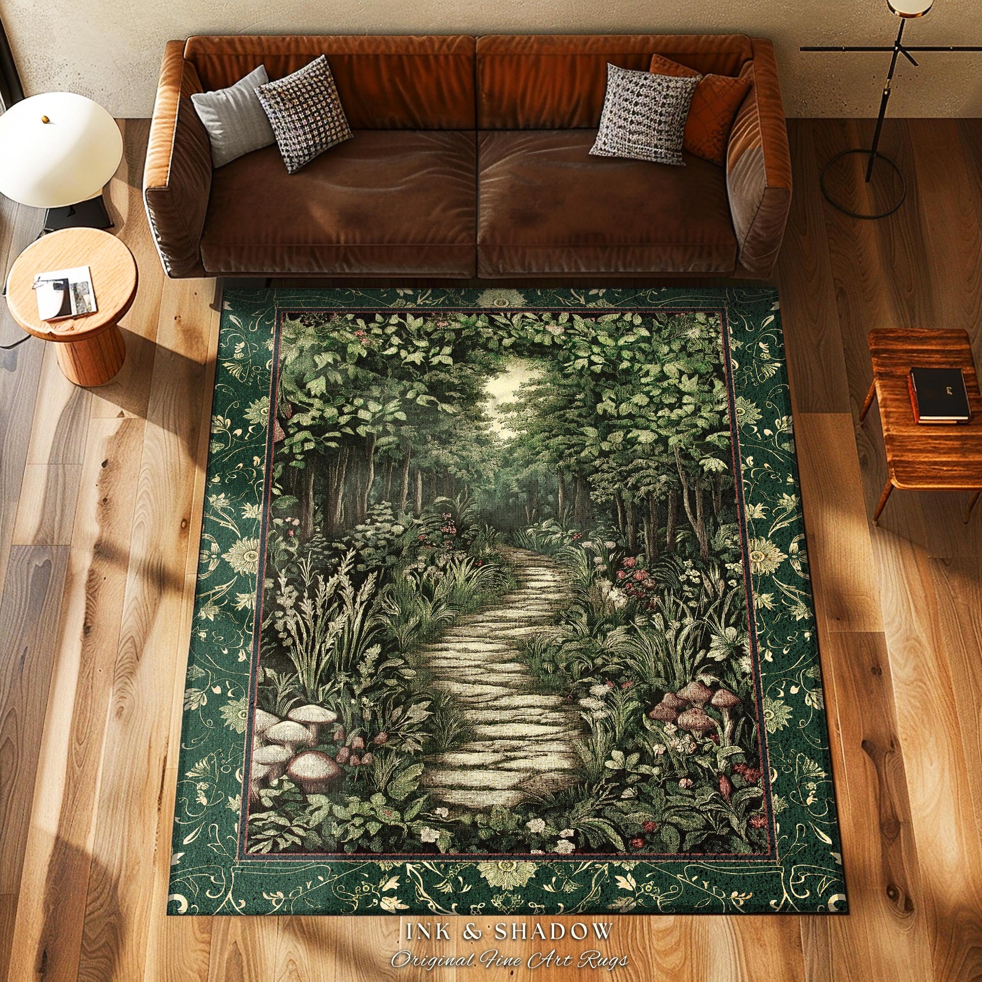 Ethereal Woodland Meadow Runner Rug | Dark Academia Folklore Fairy Core Aesthetic Accent Rug Magical Bedroom Emerald Green Decor Botanical |
