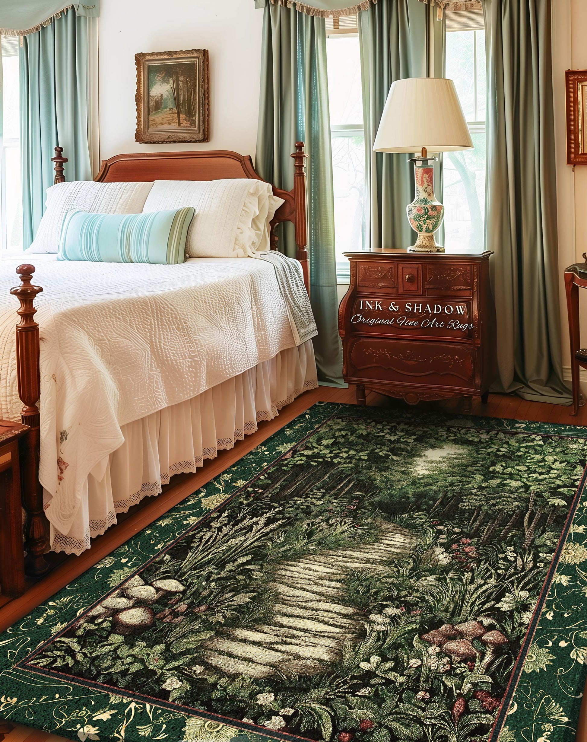 Ethereal Woodland Meadow Runner Rug | Dark Academia Folklore Fairy Core Aesthetic Accent Rug Magical Bedroom Emerald Green Decor Botanical |