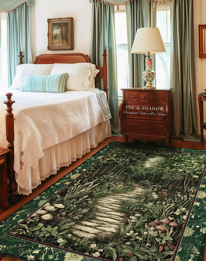 Ethereal Woodland Meadow Runner Rug | Dark Academia Folklore Fairy Core Aesthetic Accent Rug Magical Bedroom Emerald Green Decor Botanical |