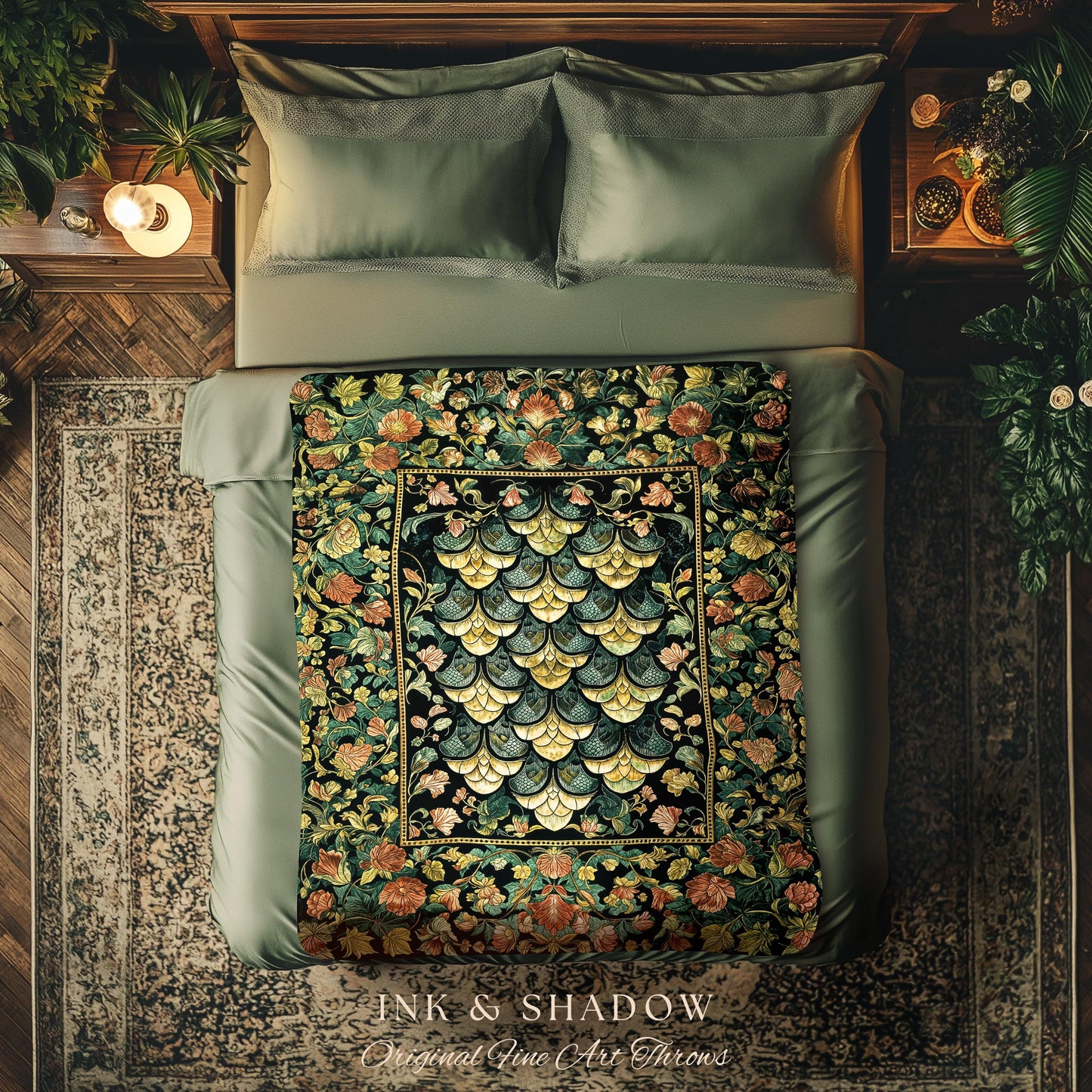 Moody Mysticism Dragon Scale Tapestry | Dark Cottagecore Magical Medieval Woven Blanket Ornate Victorian Fantasy Aesthetic Book Nook Throw |
