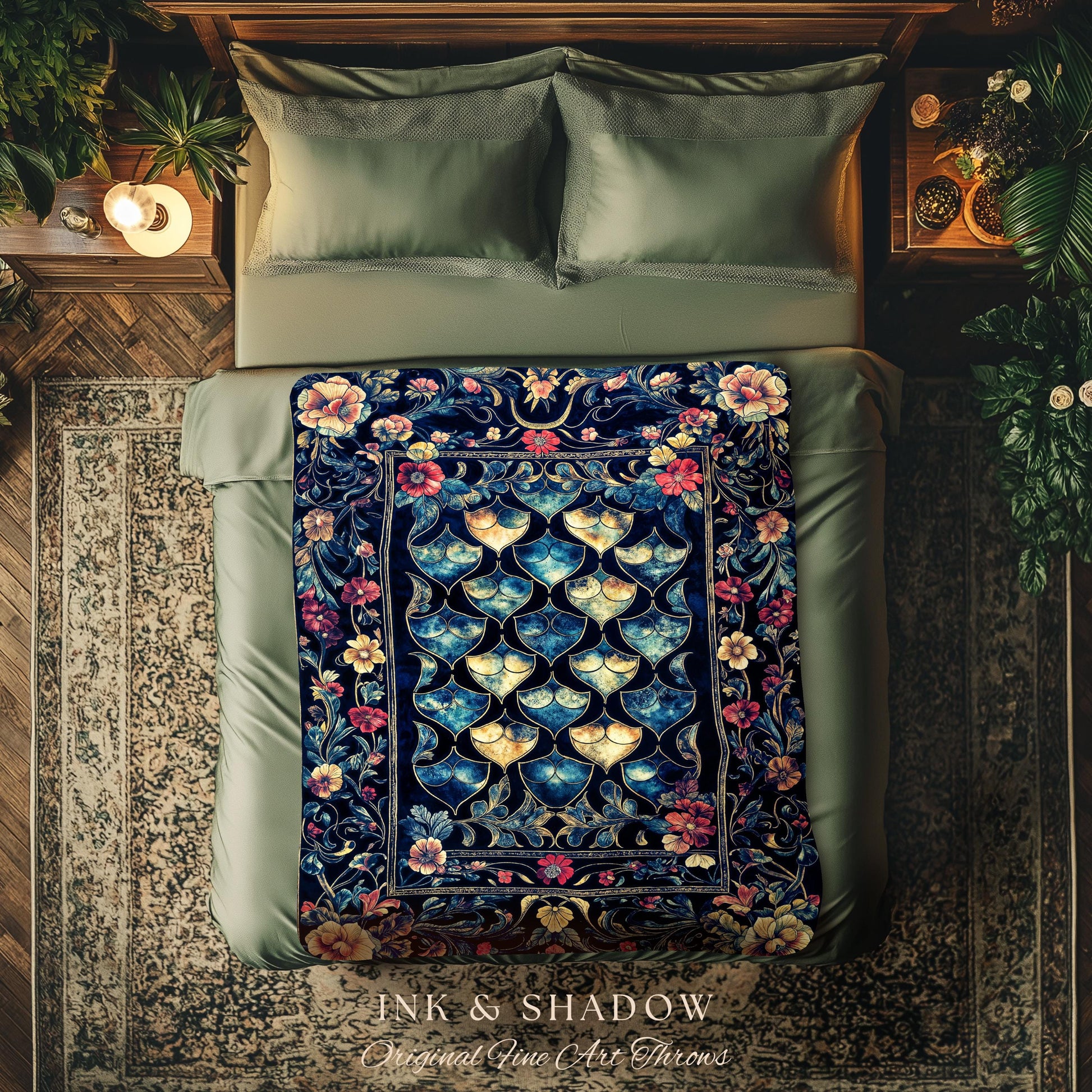 Medieval Dragon Scale Victorian Tapestry | Dark Navy Blue Gothic Dark Academia Aesthetic Fairytale Home Decor Enchanted Woven Throw Blanket