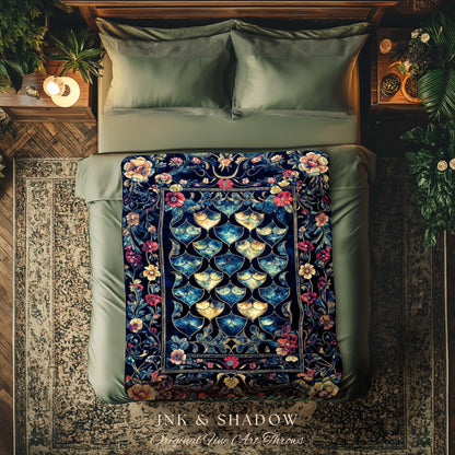 Medieval Dragon Scale Victorian Tapestry | Dark Navy Blue Gothic Dark Academia Aesthetic Fairytale Home Decor Enchanted Woven Throw Blanket